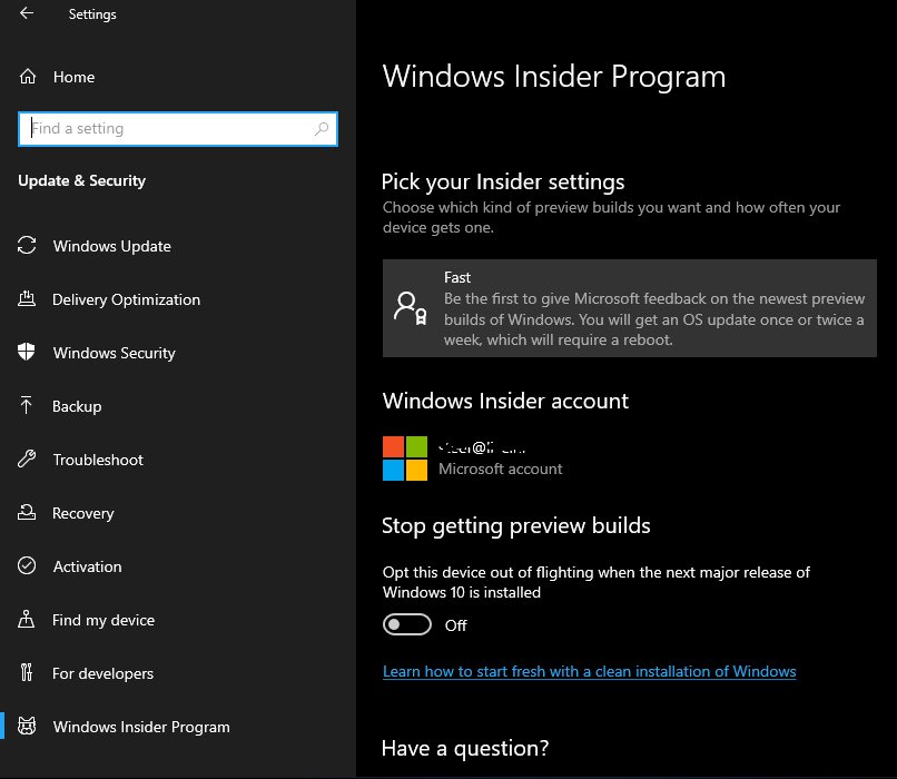 A different Windows Insider Program Settings page 18317